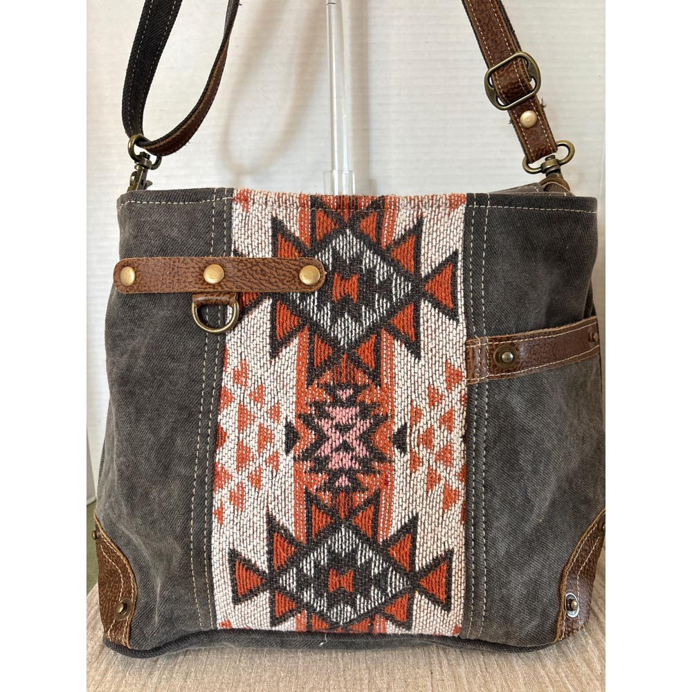 Myra Bag Southwestern Canvas Leather Crossbody Bag Gray Geometric Boho S-1456